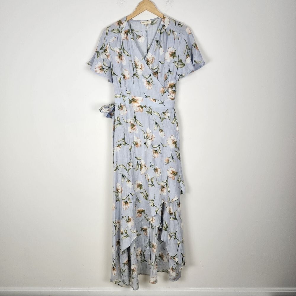 Promesa Floral Wrap Dress Light Blue Cotton Spandex Size M - Picture 13 of 16